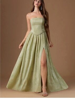 Azazie Strapless Olive Corset Gown with High Slit